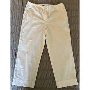 TALBOTS STRETCH White On White EMBROIDERED DRAGONFLY CROPPED CAPRI PANTS Size 12